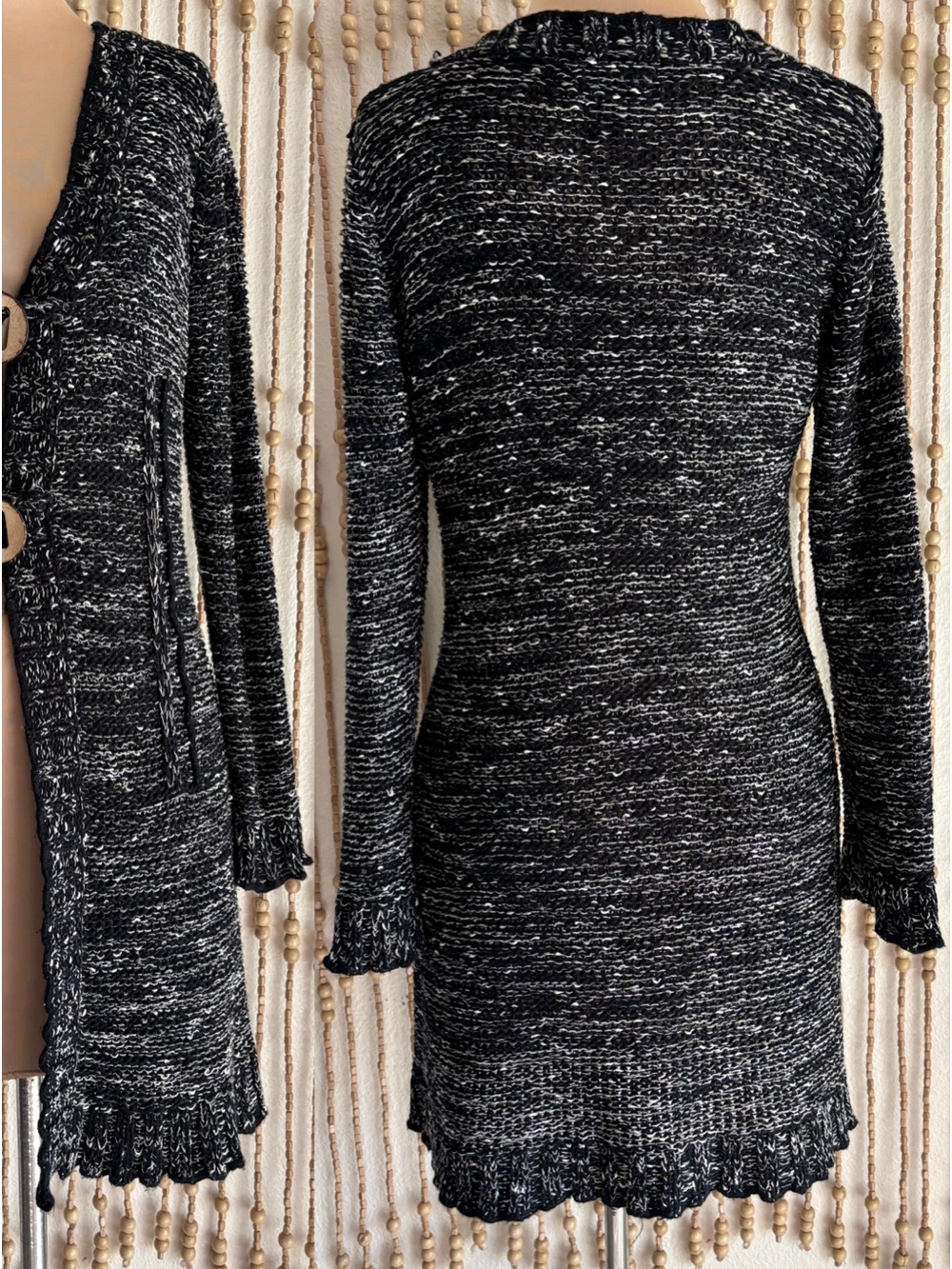 BCBG MAXAZRIA Black White Y2K
Open Front Button Ruffle Hem Long Knit Sweater L - Picture 5 of 5